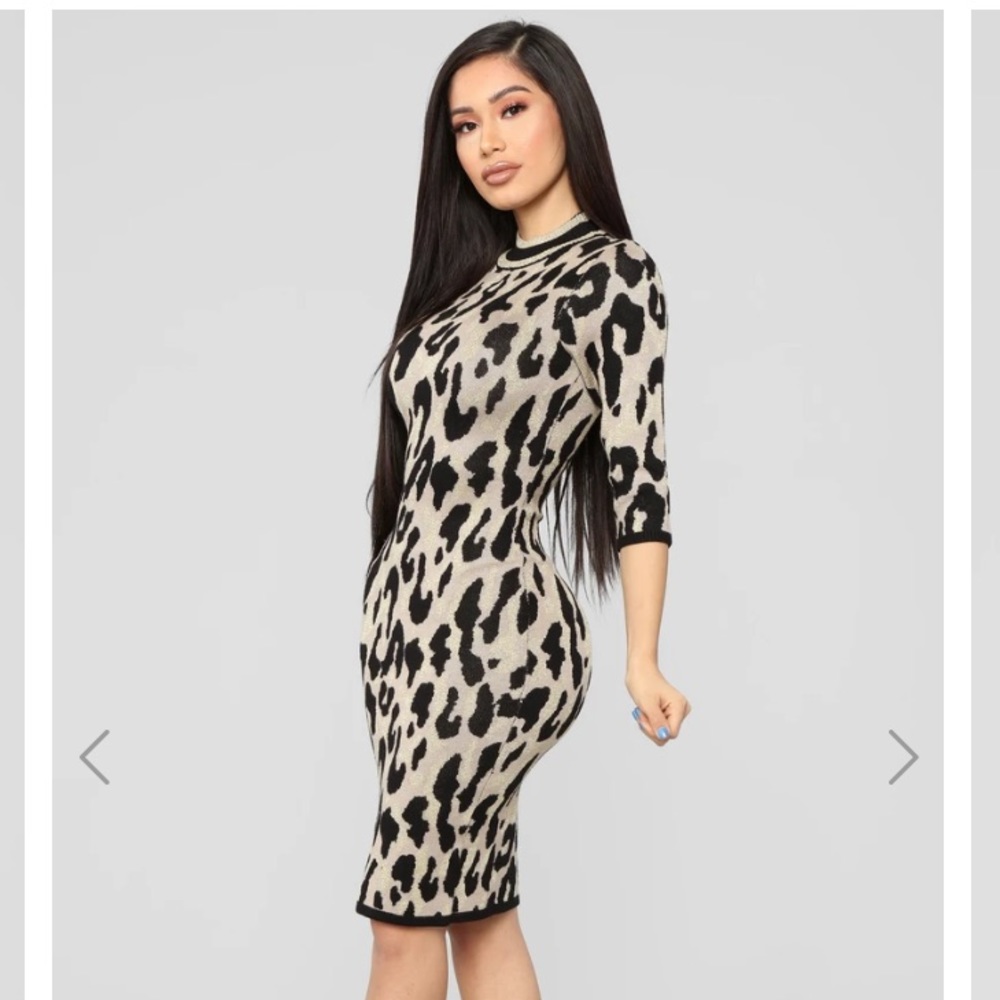 Fashion Nova Gold Leopard Shimmer Sweater Dress XS